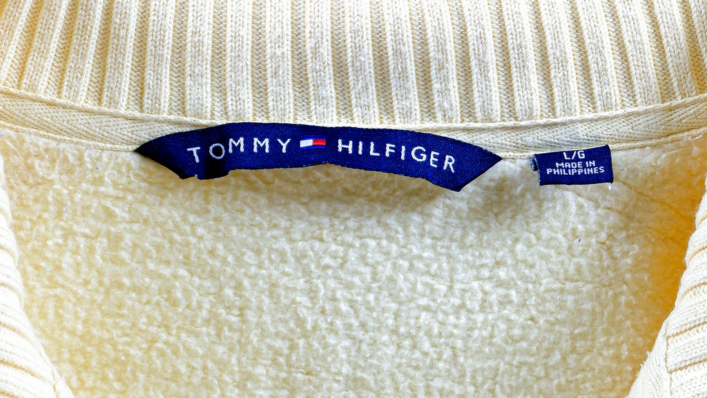 Tommy Hilfiger - Cream Spell-Out 1/4 Zip Sweatshirt Large Vintage Retro