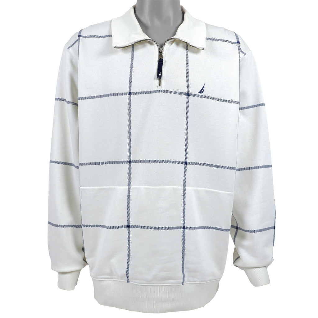 Nautica - White Plaid 1/4 Zip Sweatshirt 1990s X-Large Vintage Retro