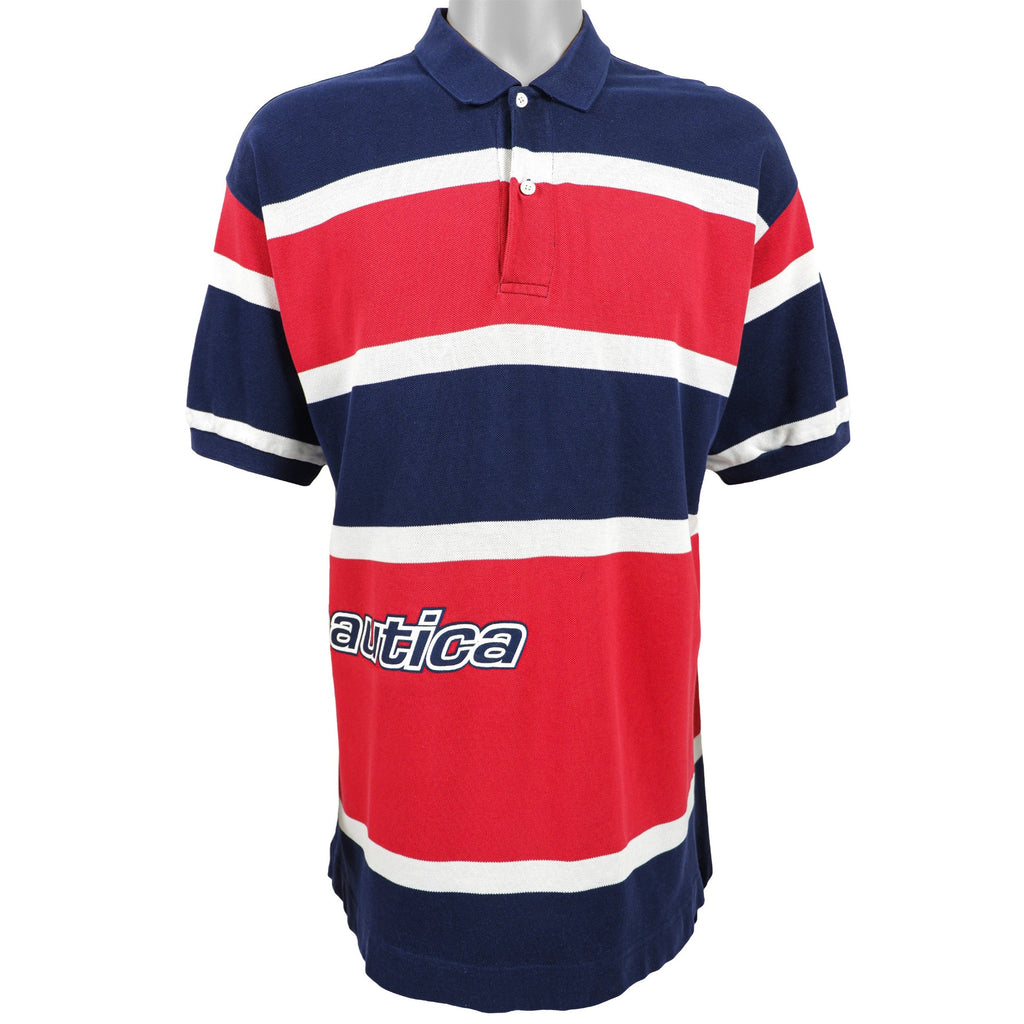 Nautica - Black & Red Stripes Polos T-Shirt 1990s X-Large Vintage Retro