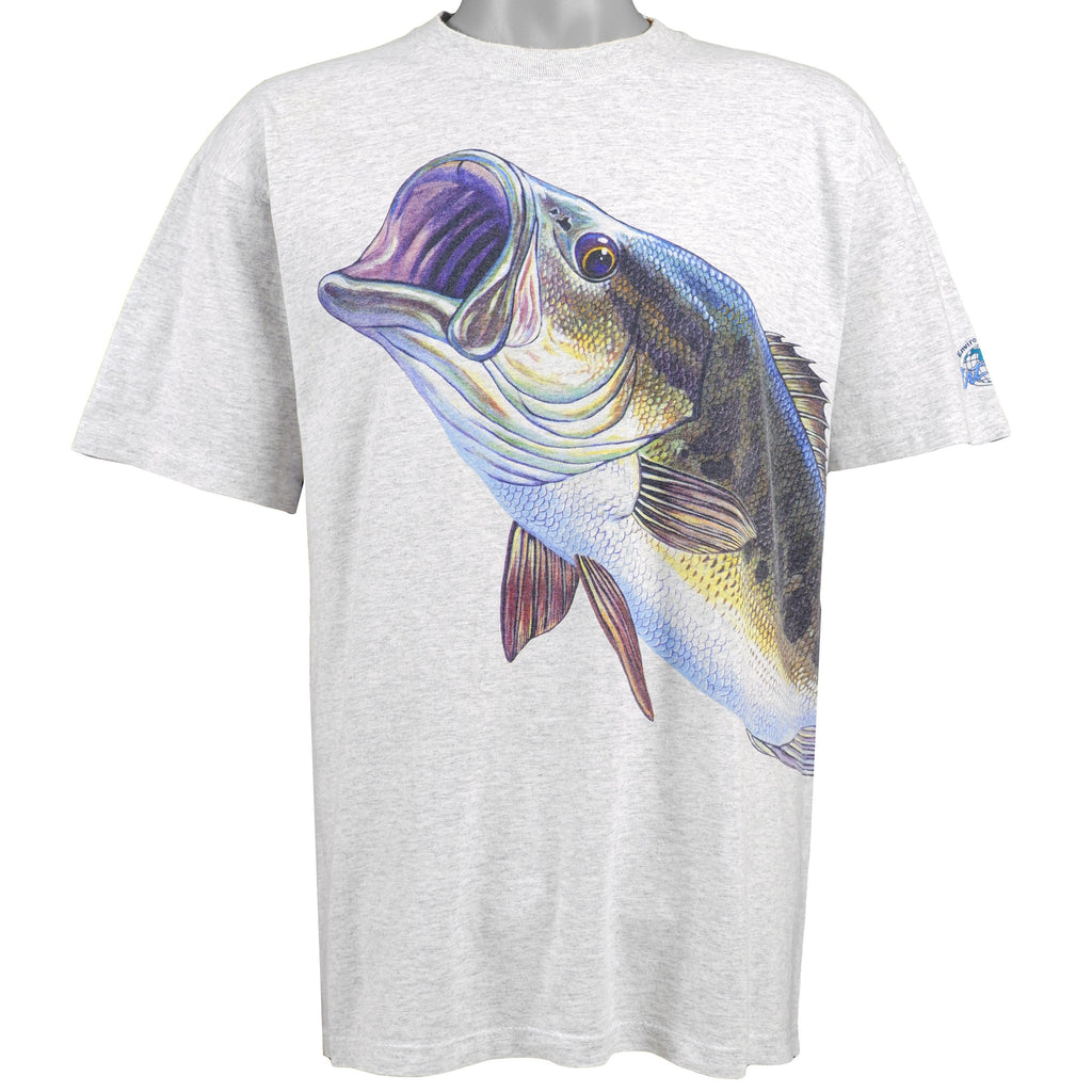 Vintage - Grey Bass Fish T-Shirt 1990s Large Vintage Retro