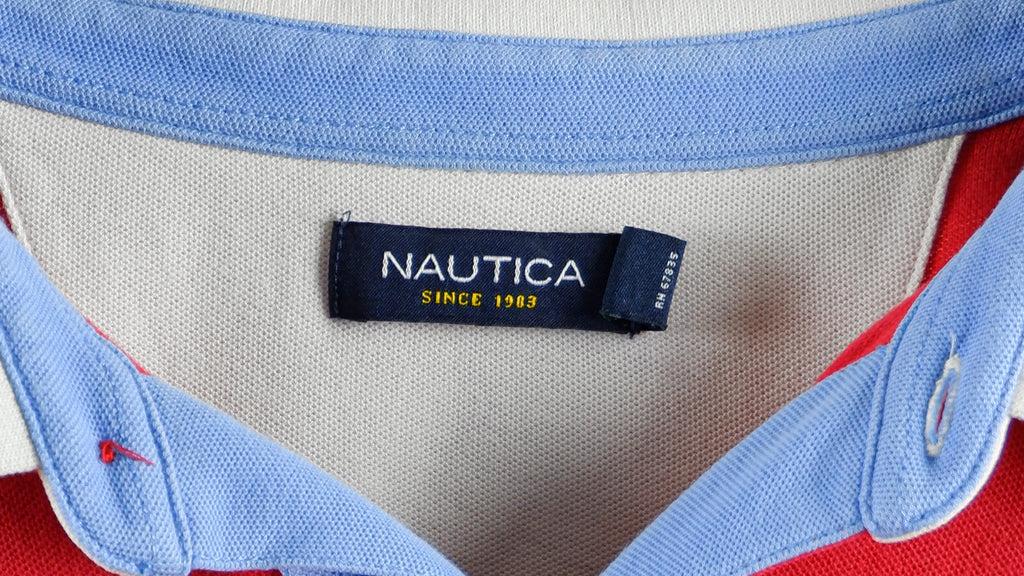 Nautica - Red, Black & White Polo T-Shirt 1990s Large Vintage Retro