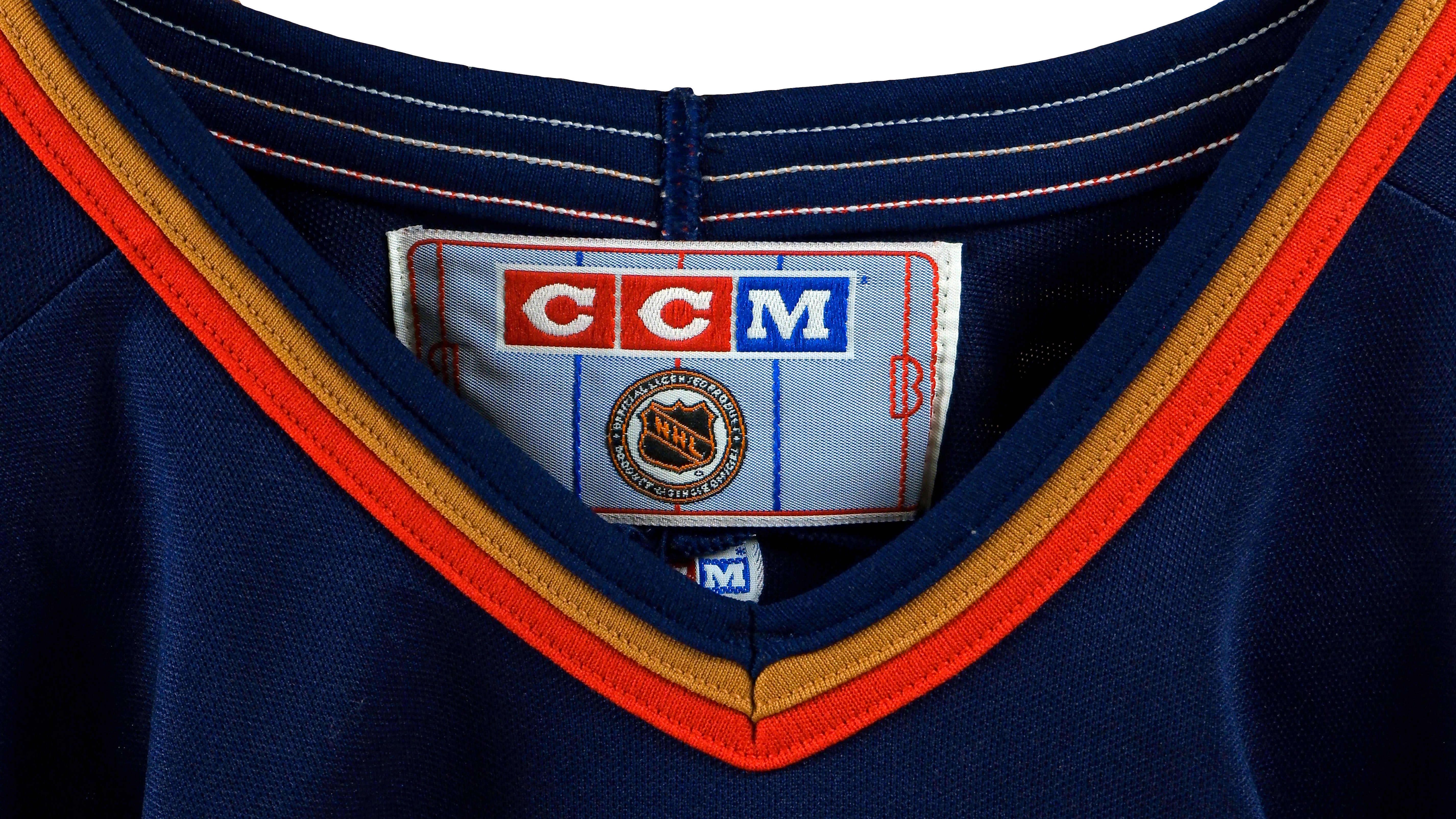 Edmonton Oilers Vintage Ccm Hockey Jersey Navy Blue and Orange
