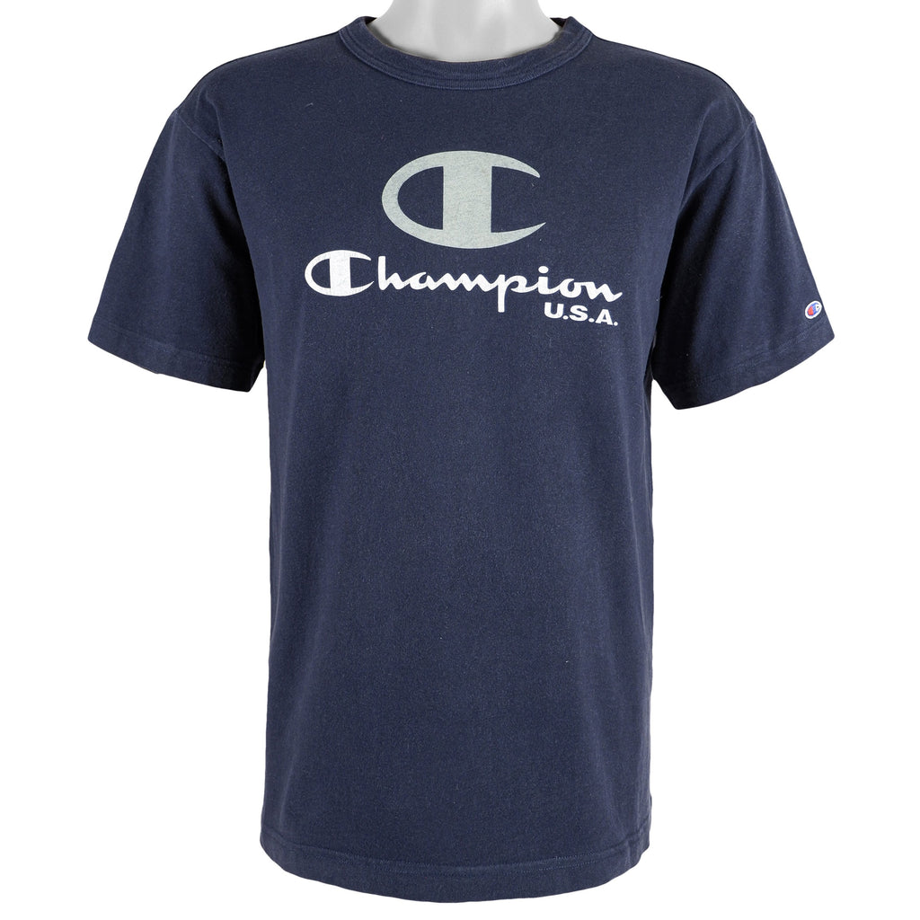 Champion - Blue Spell-Out T-Shirt 1990s Medium Vintage Retro