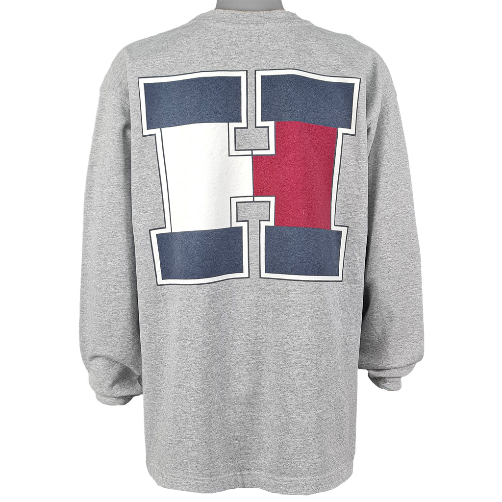 Tommy Hilfiger - Grey Big Spell-Out Crew Neck Sweatshirt 1990s X-Large Vintage Retro