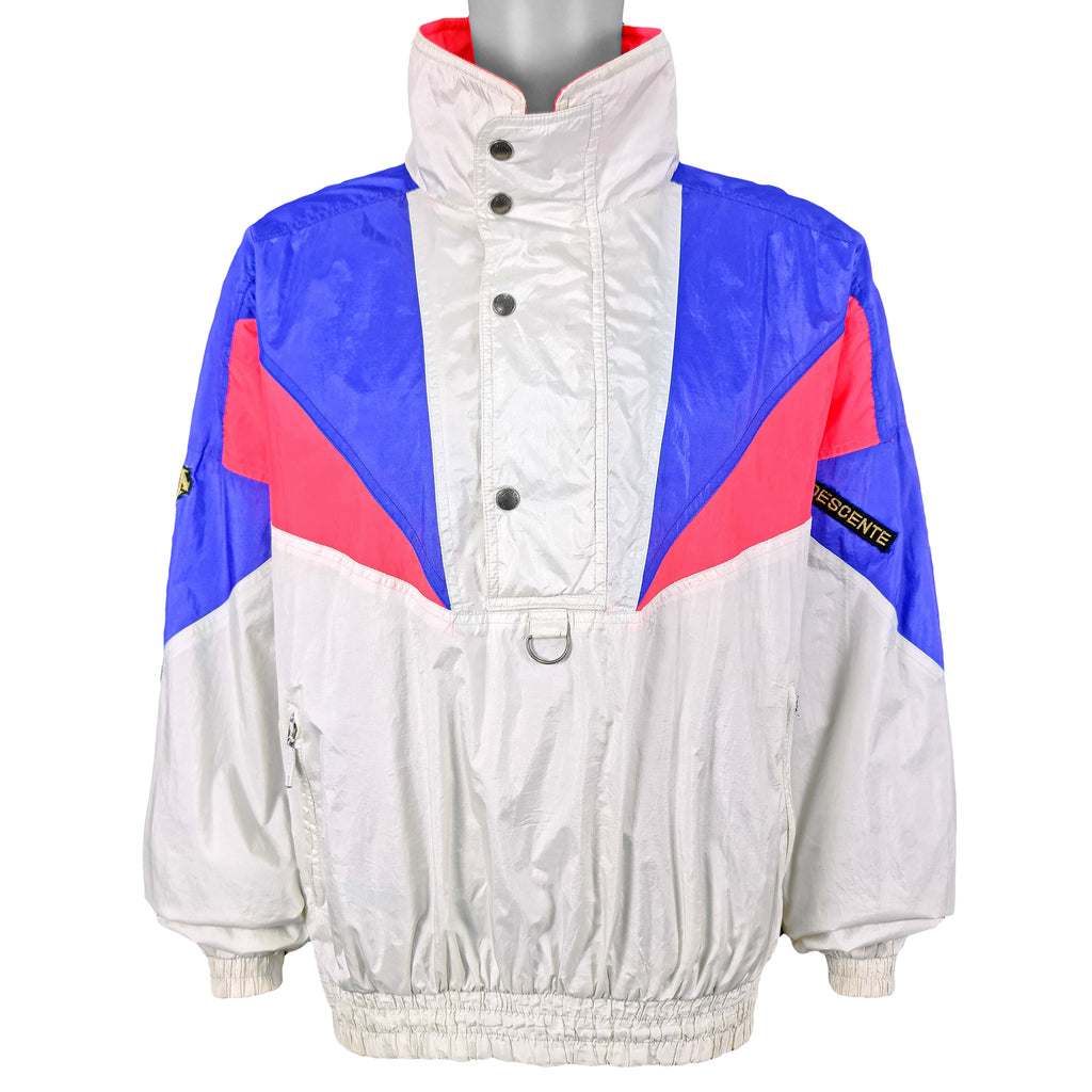 Descente - White & Blue Flashy Pullover Jacket 1990s X-Large Vintage Retro