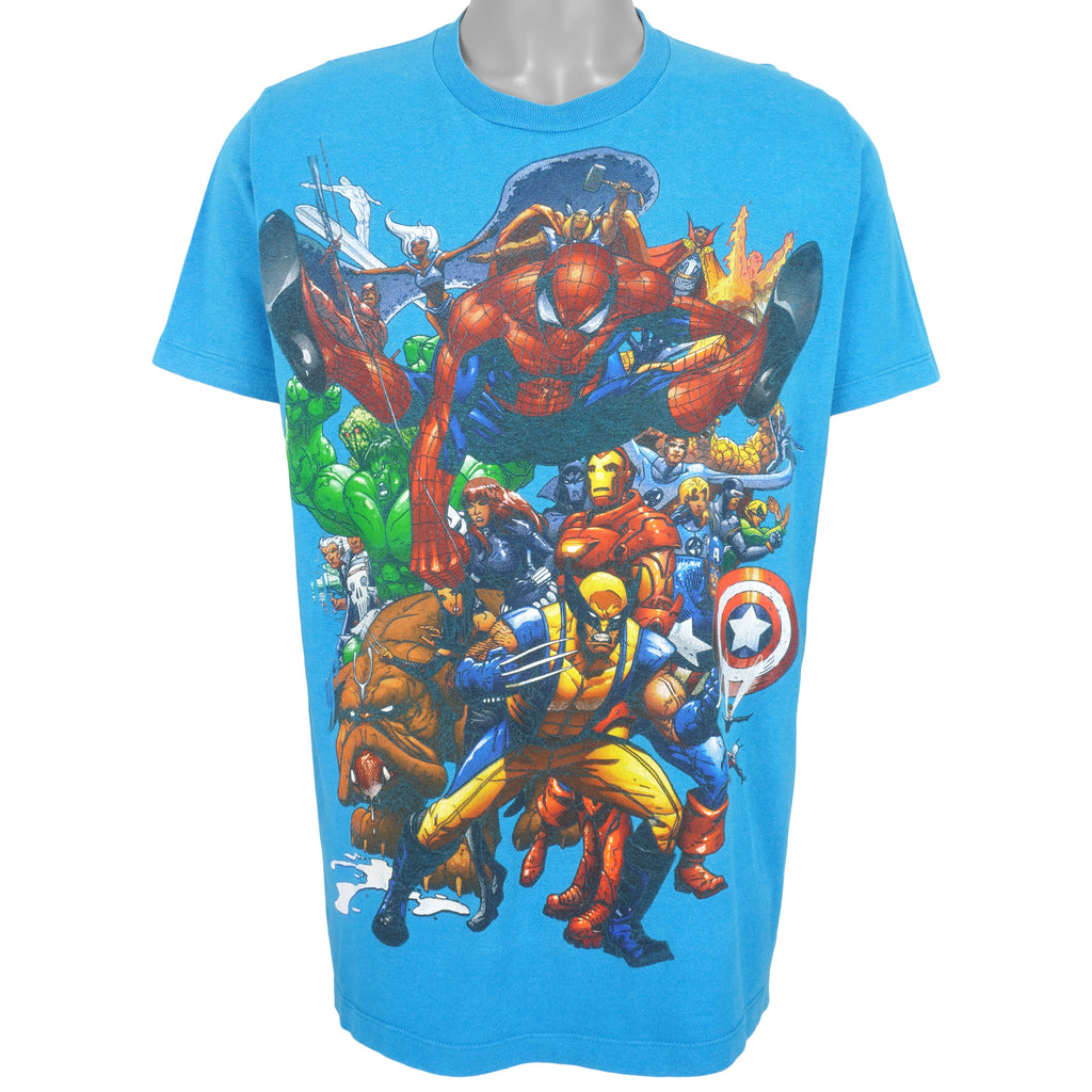 Marvel - Blue Spiderman and Friends T-Shirt Large Vintage Retro