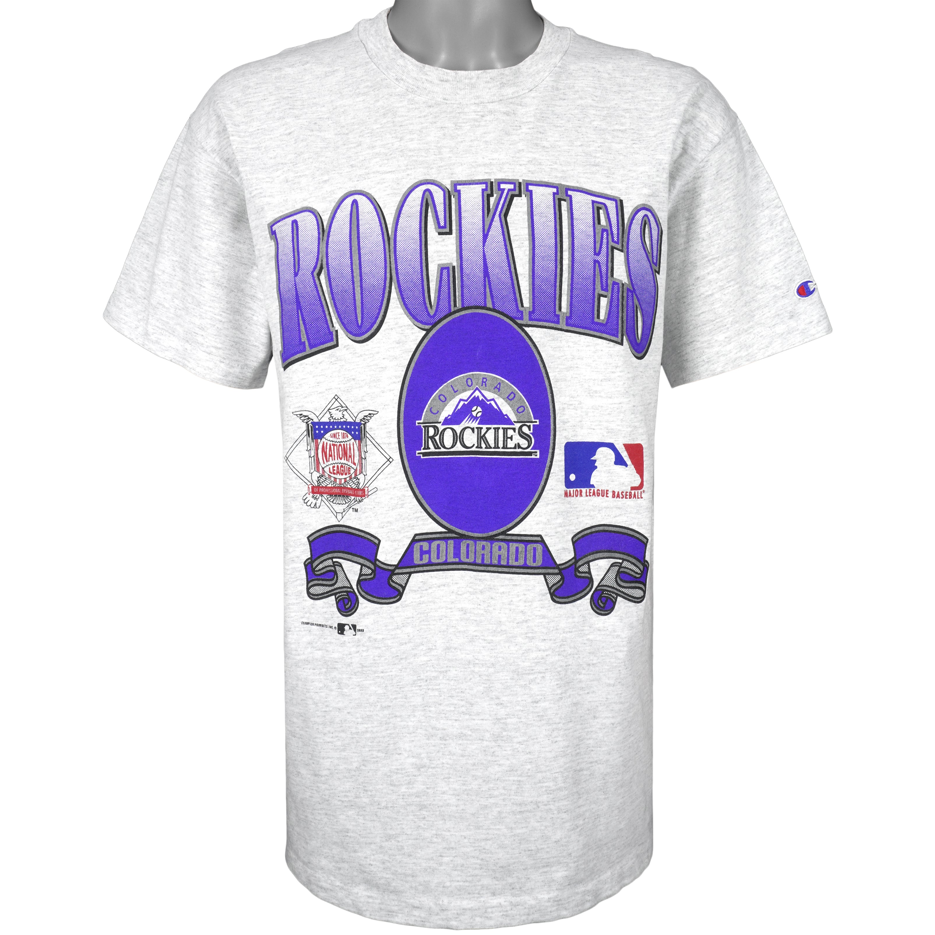 VTG Nutmeg Colorado Rockies Purple 90s MLB Jersey Print USA T