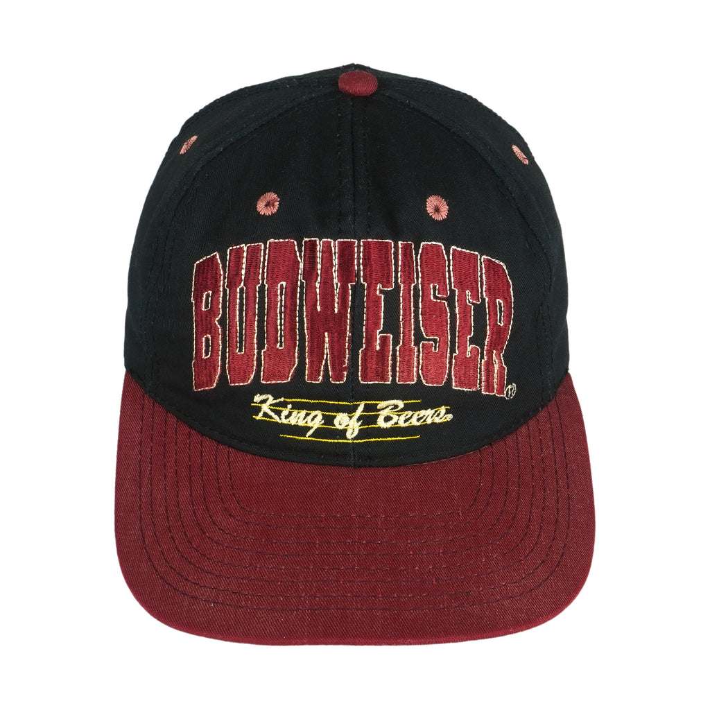 Budweiser - Black & Red Spell-Out Snap Back Hat 1990s OSFA Vintage Retro