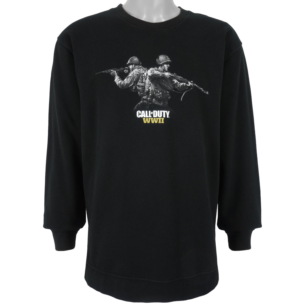 Vintage (Independent Co.) - Black Call Of Duty WWII Spell-Out Crew Neck Large Vintage Retro