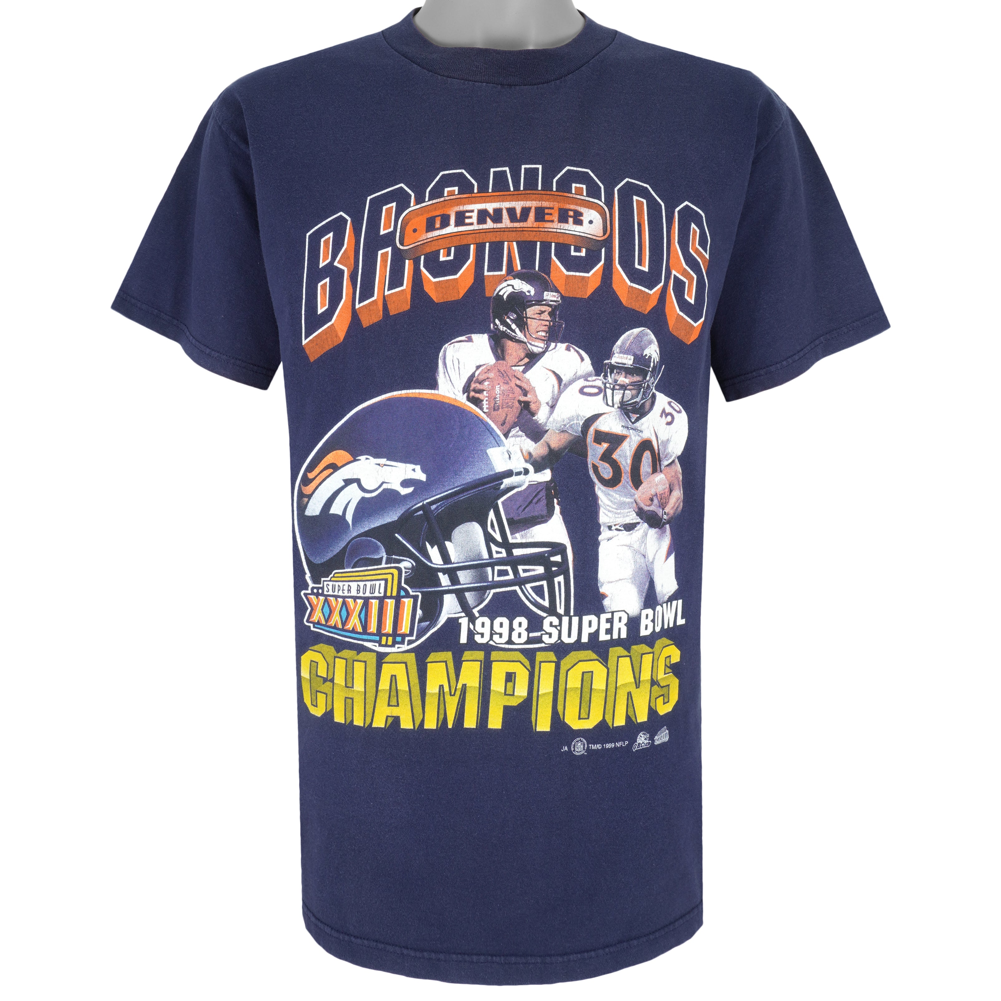 Vintage 90s Navy Denver Broncos Back To Back Superbowl Champions 1998  T-Shirt - Large Cotton– Domno Vintage