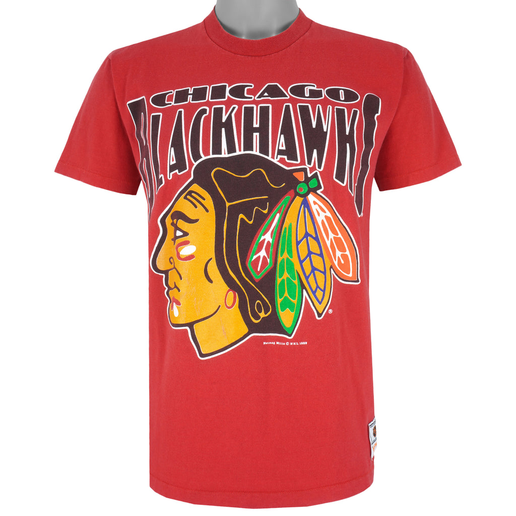 NHL (Nutmeg) - Chicago Blackhawks Single Stitch T-Shirt 1989 Medium Vintage Retro Hockey