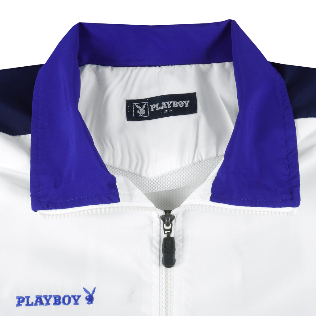 Playboy - White & Blue Tape Logo Windbreaker 1990s Medium Vintage Retro