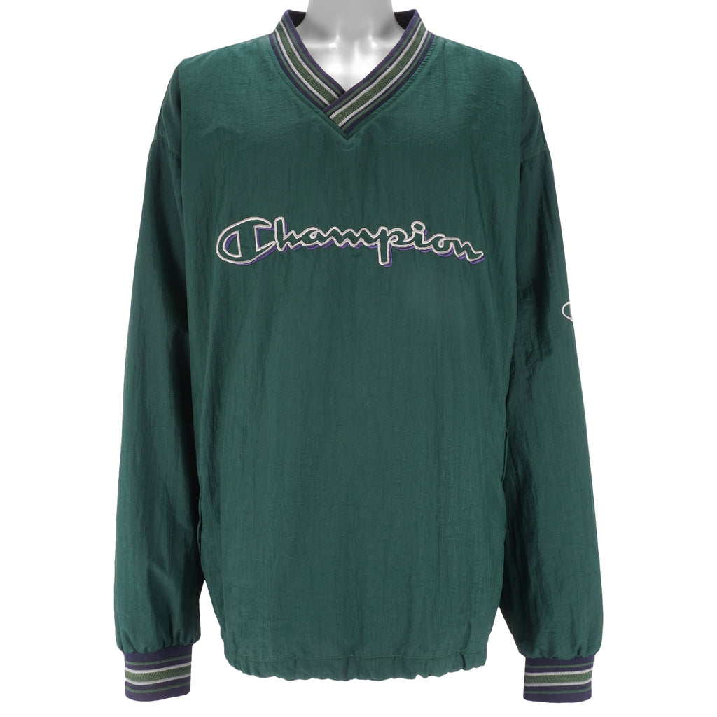 Champion - Green Embroidered V-Neck Windbreaker 1990s XX-Large Vintage Retro