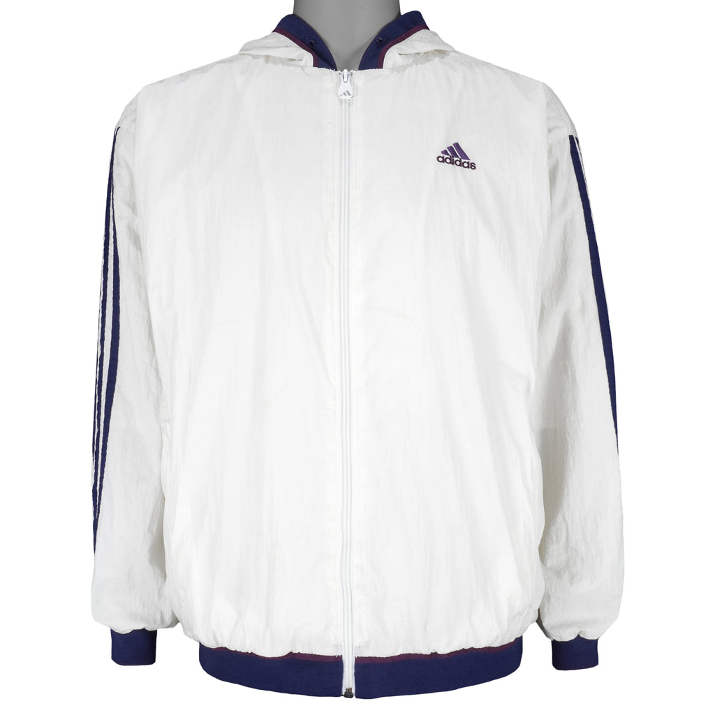 Adidas - White Zip-Up Hooded Windbreaker 1990s Large Vintage Retro