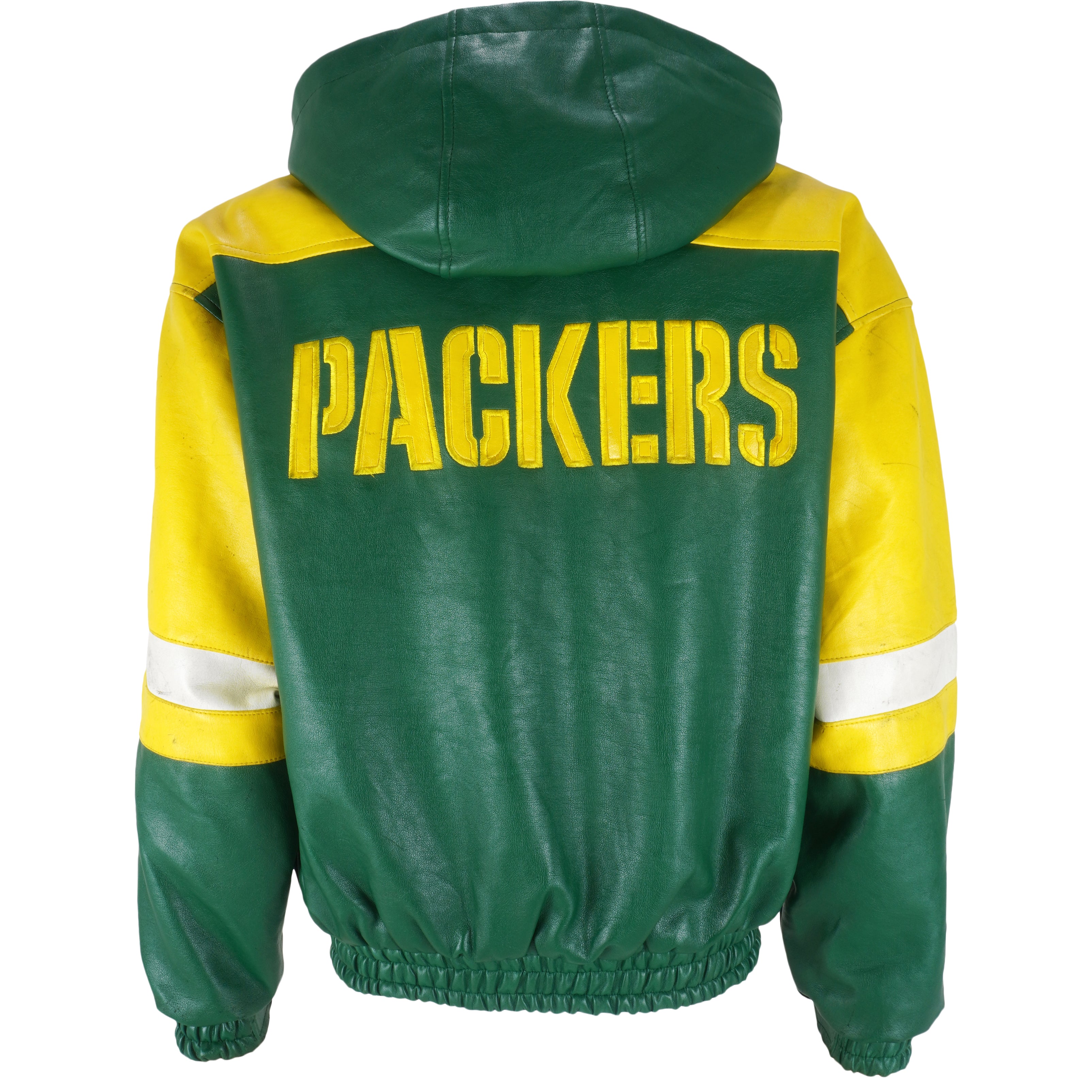 Vintage NFL - Green Bay Packers Hooded Faux Leather Jacket 1990's Medium