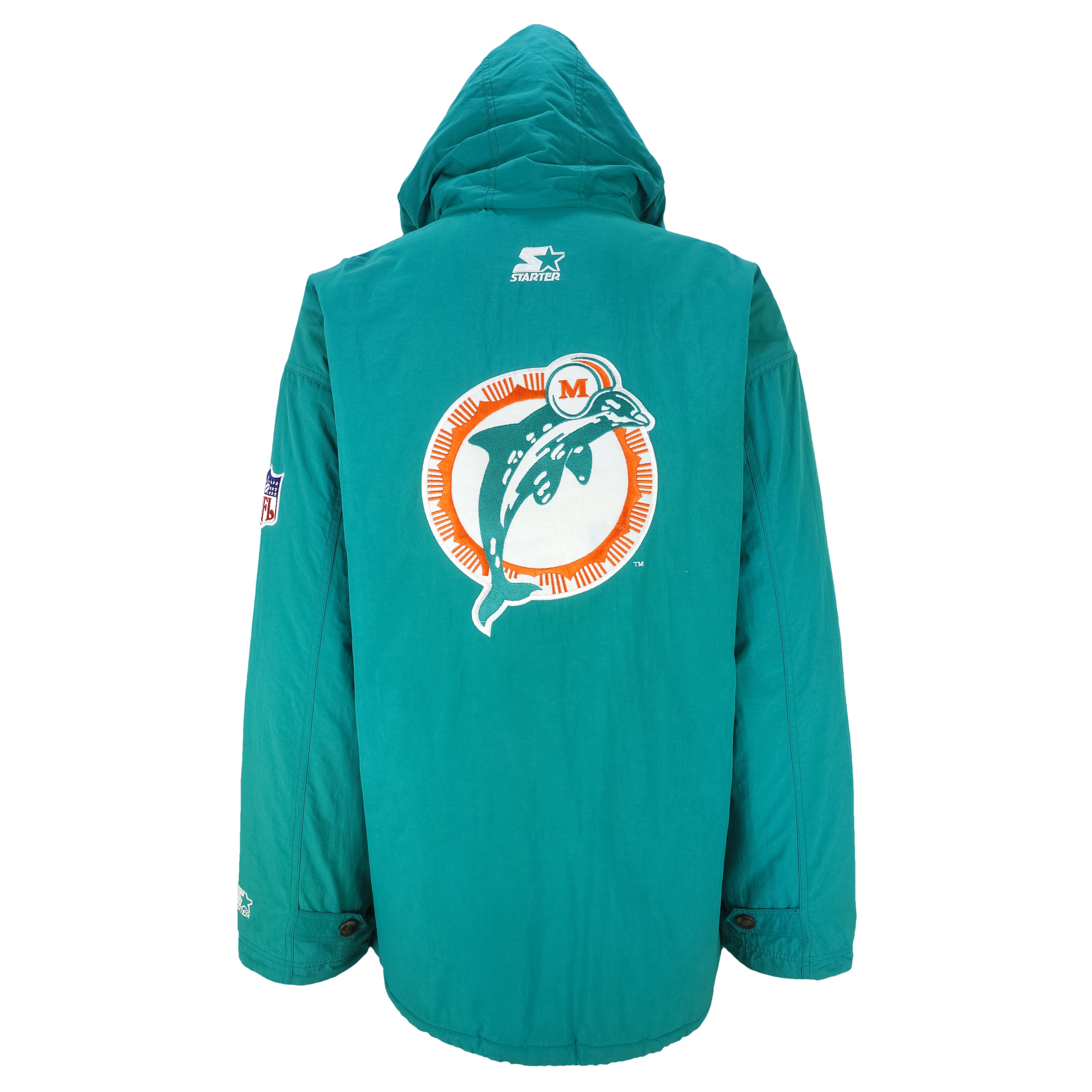 Vintage Starter - Miami 'Dolphins' Spell-Out Hooded Jacket 1990's Large –  Vintage Club Clothing