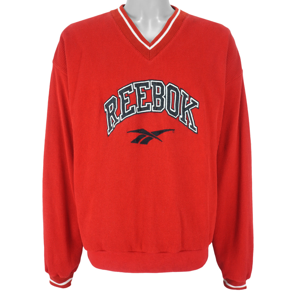 Reebok - Red Embroidered V-Neck Sweatshirt 1990s Large Vintage Retro