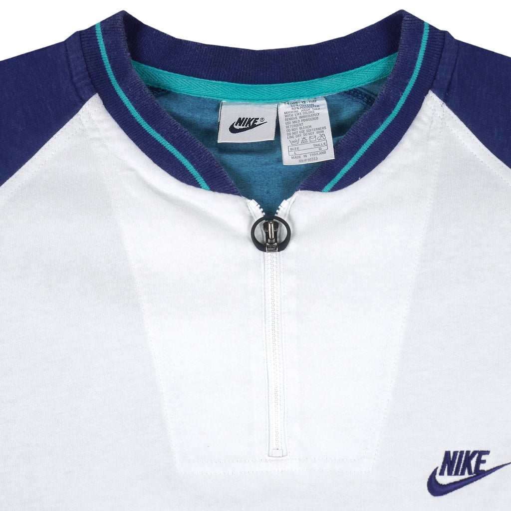 Nike - Blue & White 1/4 Zip Polos T-Shirt 1990s Large Vintage Retro