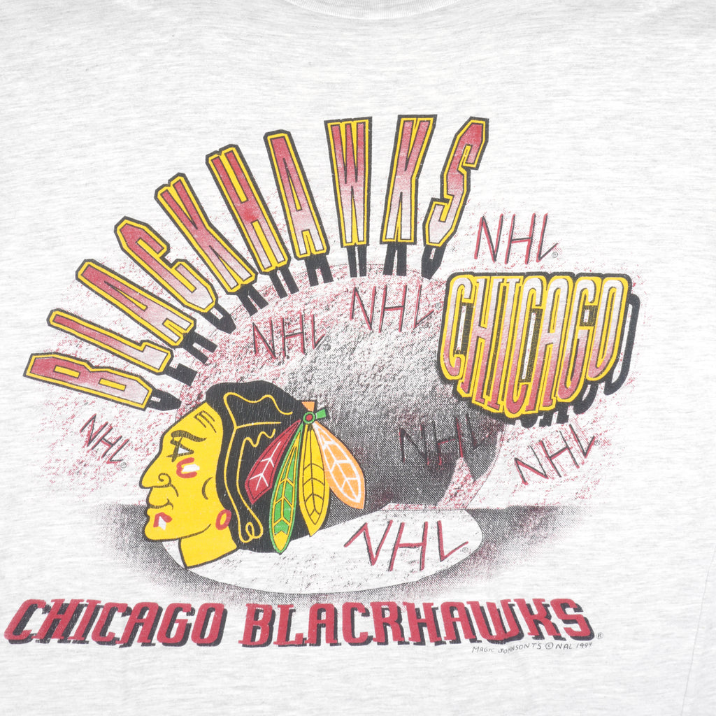 NHL (Magic Johnson Ts) - Grey Chicago Blackhawks T-Shirt 1994 Large Vintage Retro Hockey