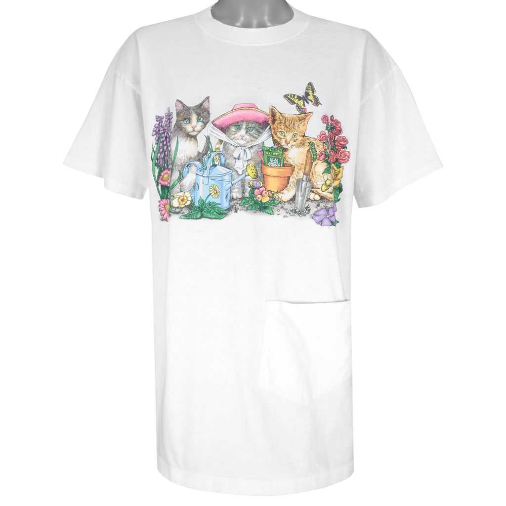 Vintage (Prints Of Tails) - White Cats & Flowers T-Shirt 1990s X-Large Vintage Retro