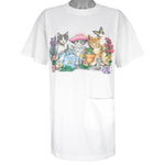 Vintage (Prints Of Tails) - White Cats & Flowers T-Shirt 1990s X-Large