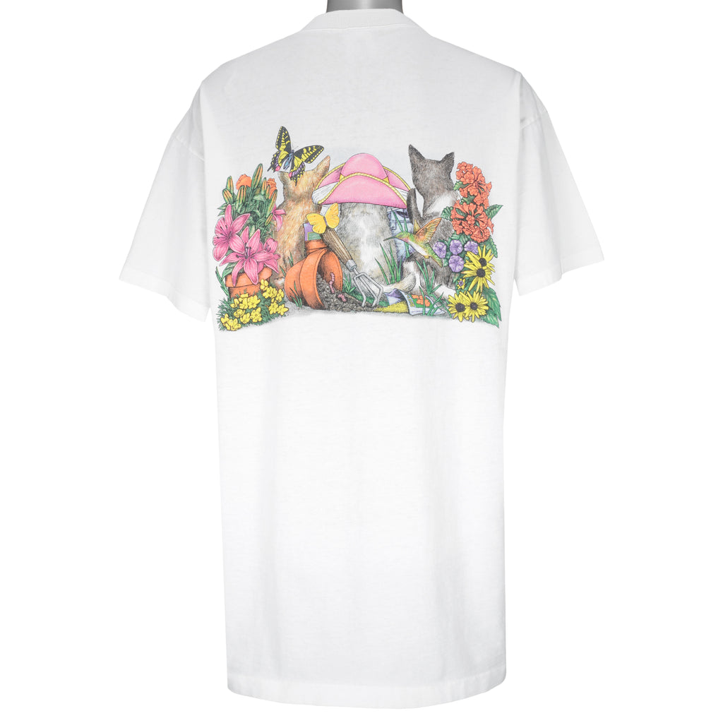 Vintage (Prints Of Tails) - White Cats & Flowers T-Shirt 1990s X-Large Vintage Retro