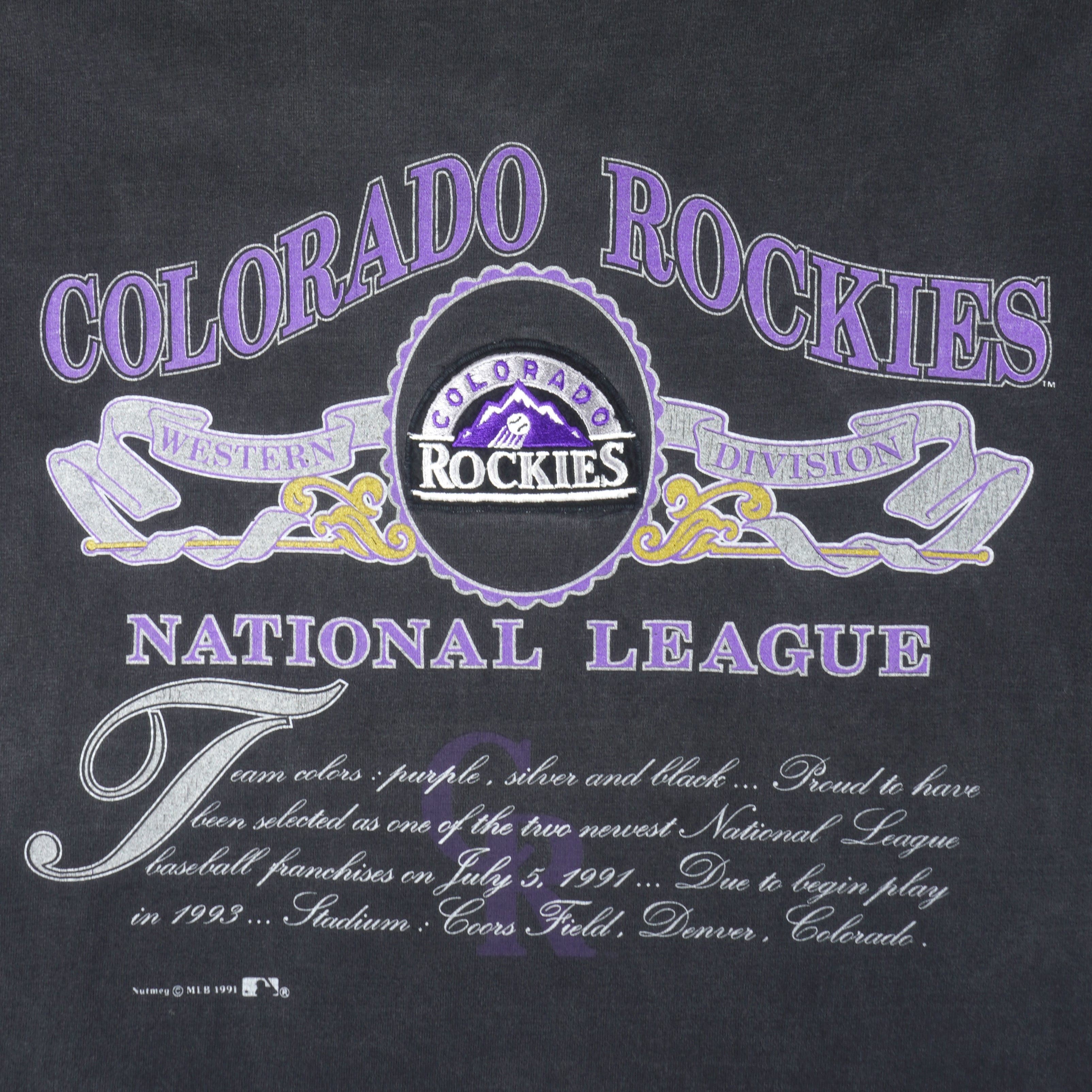 VTG Nutmeg Colorado Rockies Purple 90s MLB Jersey Print USA T 