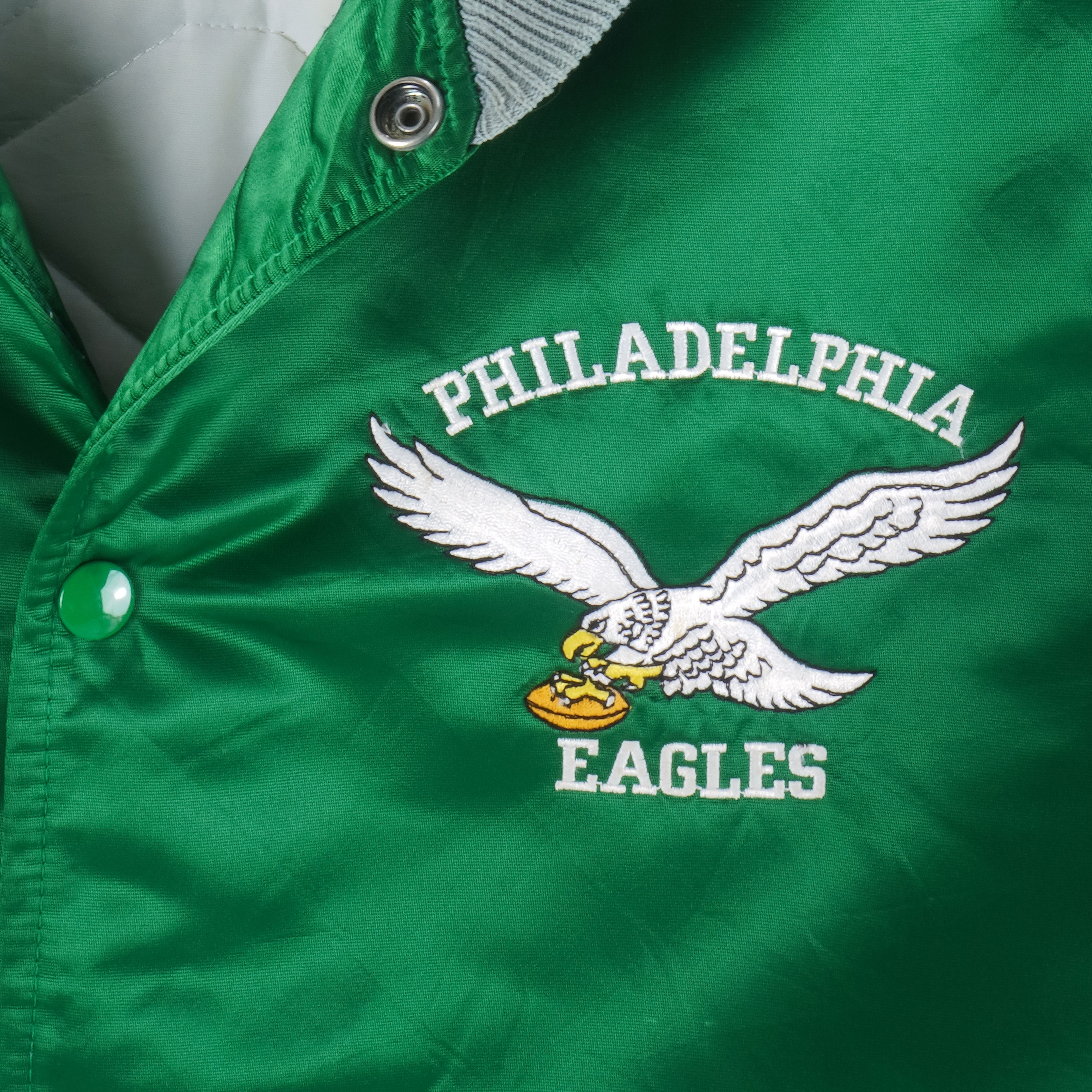 NFL Philadelphia Eagles 80s White Satin Varsity Jacket Embroidery logos