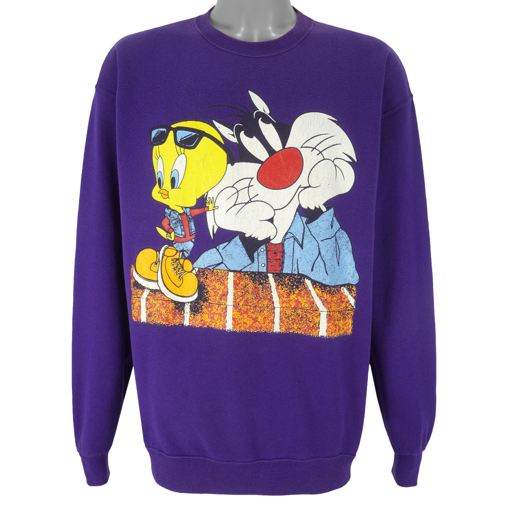 Looney Tunes - Purple Tweety & Sylvester Crew Neck Sweatshirt 1990s Large Vintage Retro