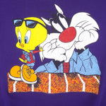 Looney Tunes - Purple Tweety & Sylvester Crew Neck Sweatshirt 1990s Large Vintage Retro