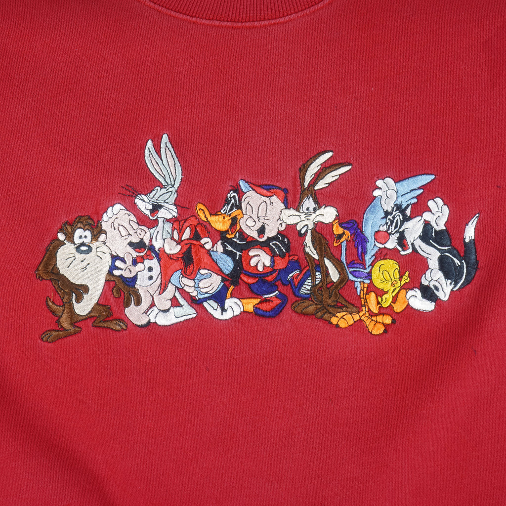 Looney Tunes - Red Tune Squad Embroidered Crew Neck Sweatshirt 1990s Large Vintage Retro