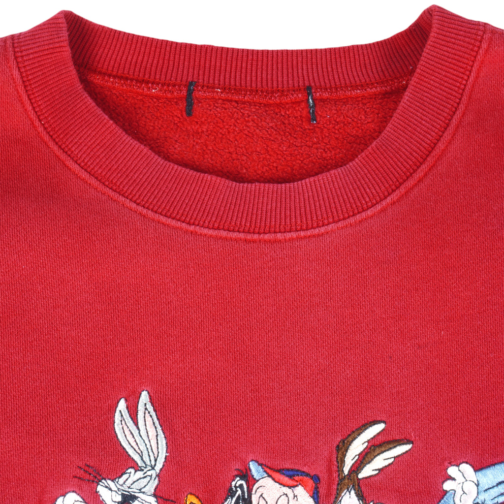 Looney Tunes - Red Tune Squad Embroidered Crew Neck Sweatshirt 1990s Large Vintage Retro