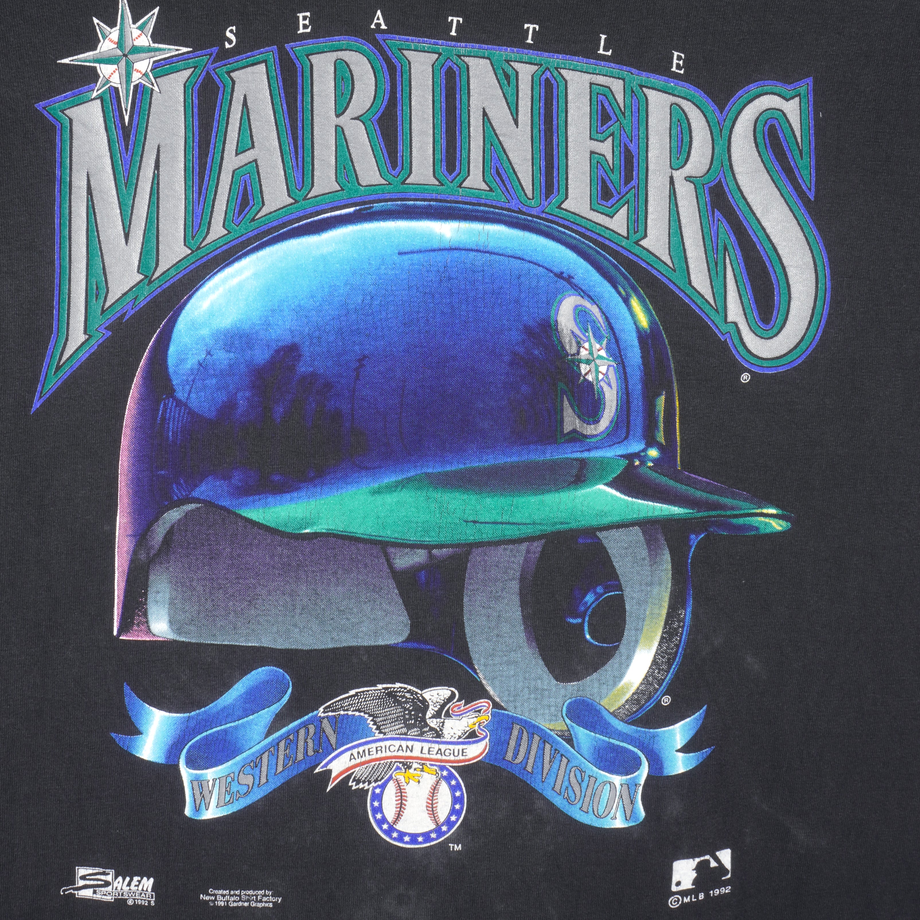 VINTAGE Seattle Mariners Jersey Mens Large Blue Green Spellout Dynasty