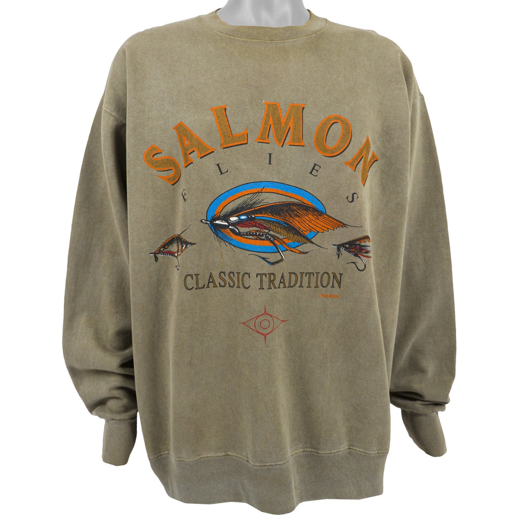 Vintage - Brown Salmon Flies Crew Neck Sweatshirt 1990s X-Large Vintage Retro