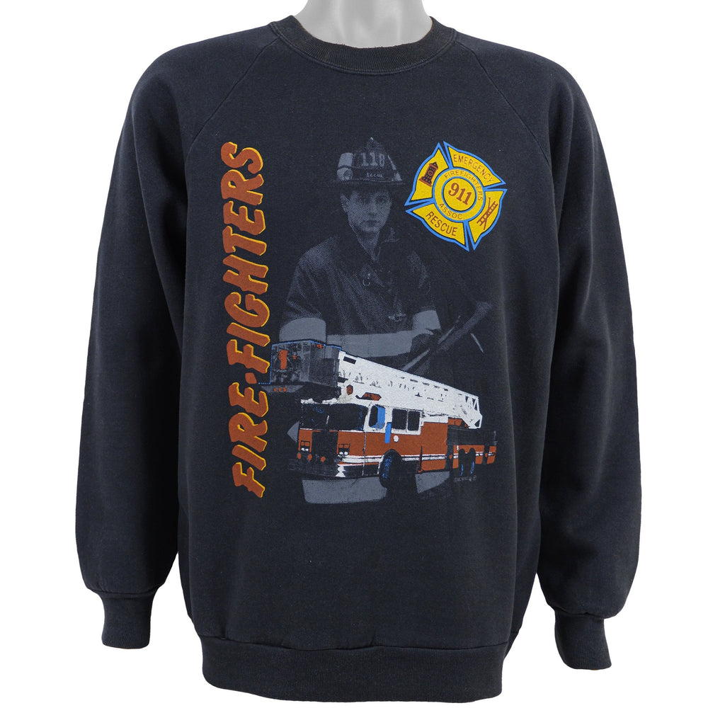Vintage - Black Firefighters Crew Neck Sweatshirt 1990s Medium Vintage Retro