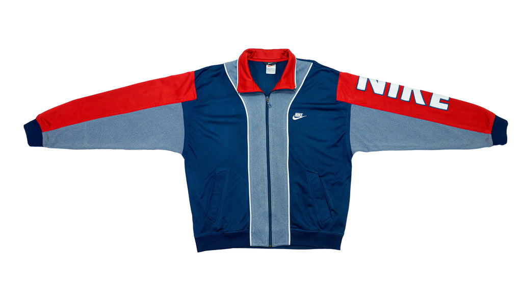 Nike - Blue, Grey and Red Big Logo Track Jacket 1990s Small Vintage Retro 